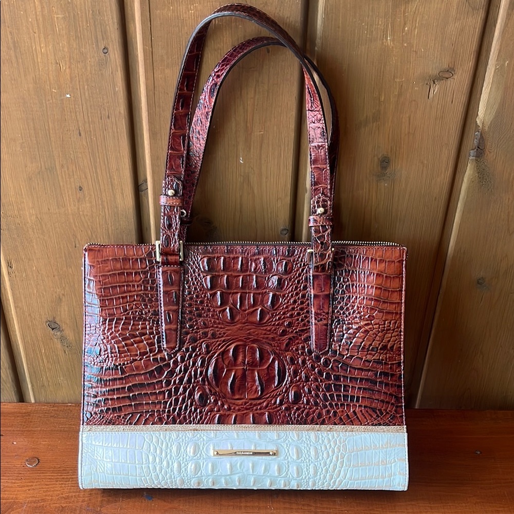 Brahmin Brown and Cream Crocodile-Leather Tote Bag
